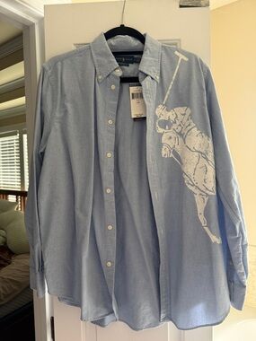 Ralph Lauren Light Blue Button-Down Shirt with Large White Polo Graphic